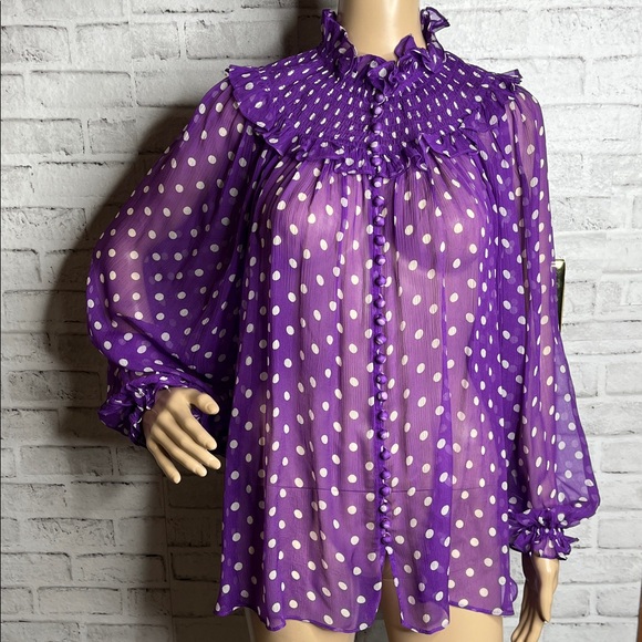 Zimmermann shirred purple polka dot silk blouse flowy